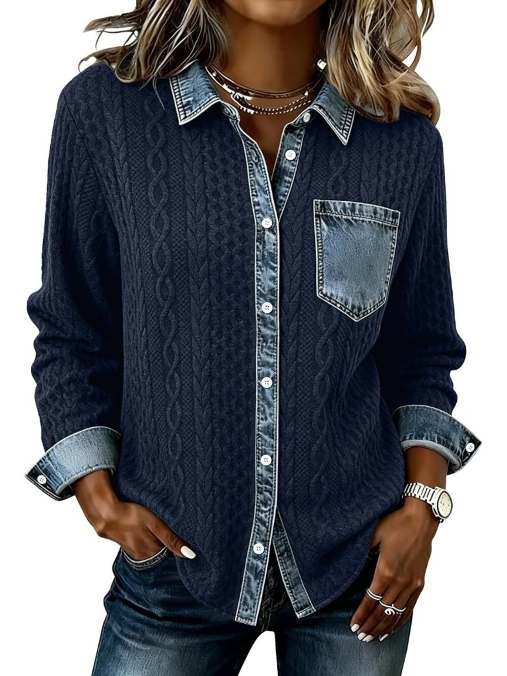 Jean Patchwork Jacket 2026 Fall Denim Cable Knit Shacket